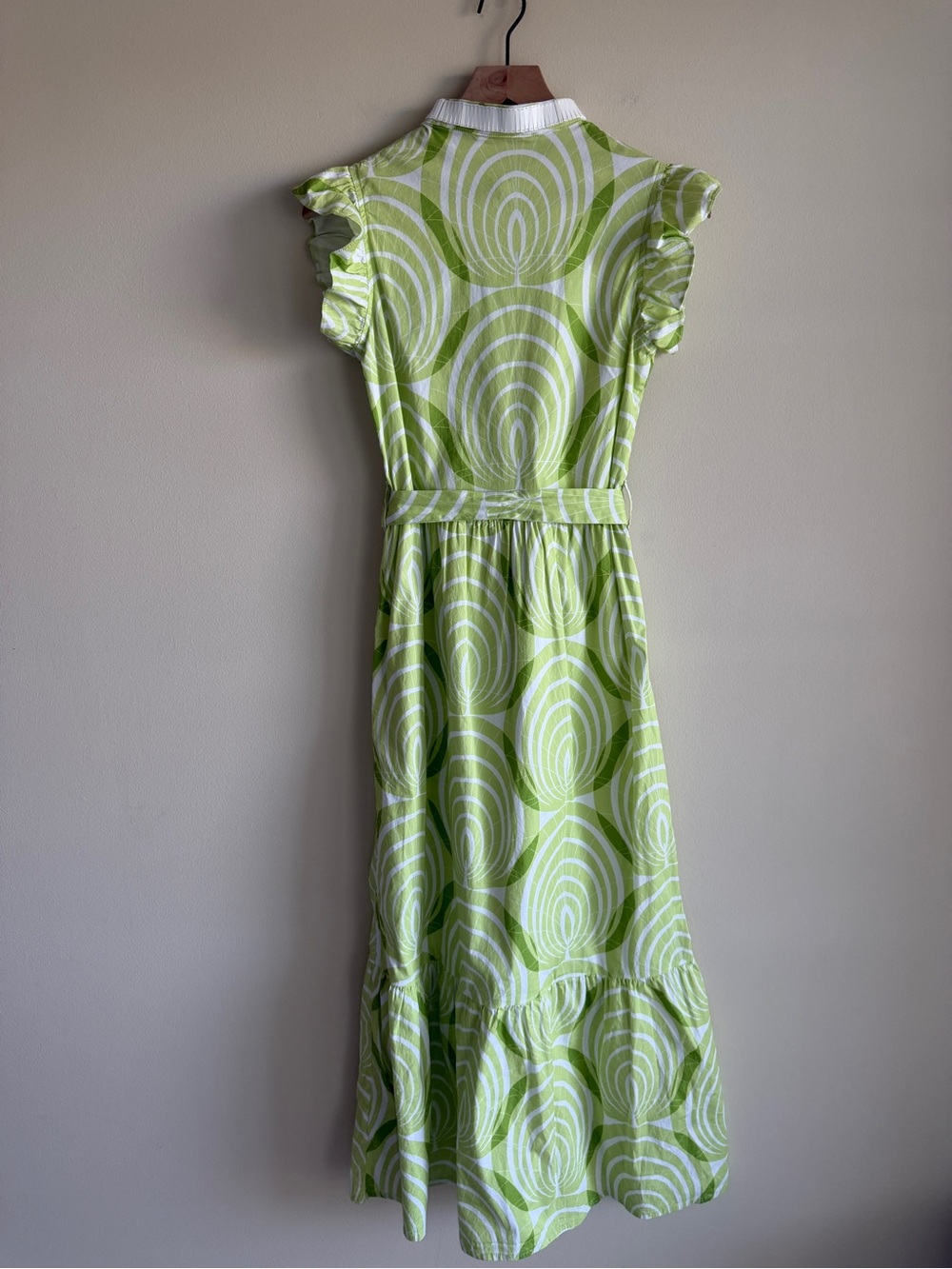 Sheridan French Lime Green White Print Maxi Dress XS Flutter Sleeve Belted - Picture 7 of 13